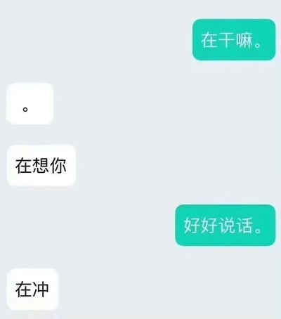 这是一张社交平台的聊天记录截图，对话双方的交流充满戏剧性反差。绿色气泡的提问方先询问对方“在干嘛。”，白色气泡的回复方先是发送了一个句号，紧接着回复“在想你”，营造出浪漫的氛围，随后被提问方要求“好好说话。”，回复方随即直白地回复“在冲”，这里的“冲”是网络俚语，指代不雅的个人私密行为，前后回复的巨大反差打破了浪漫预期，制造出搞笑又略带尴尬的效果。