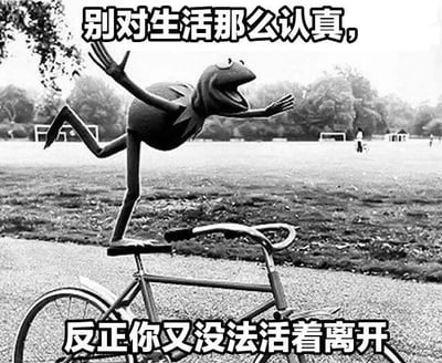 黑白图片中，科米蛙站在自行车上，双臂张开，嘴巴大张，似乎在兴奋地保持平衡。背景是有树木和足球场的公园场景。图片上方和下方分别有文字：“别对生活那么认真，”和“反正你又没法活着离开”，传达一种轻松调侃生活的态度。