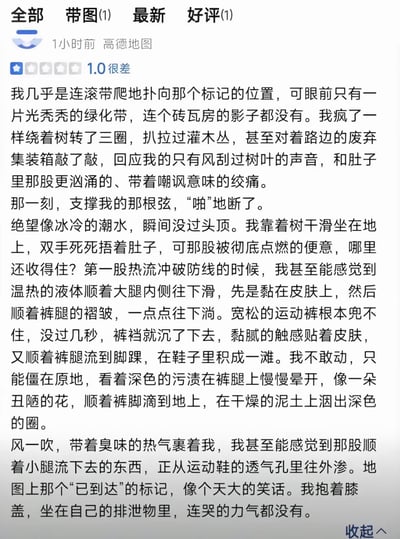 这是一张高德地图评价页面的截图，该评价给出了1.0分的最低“很差”评级，内容为评价发布者自述按照高德地图导航寻找公共厕所，拼尽全力赶到标记位置后却发现该处根本没有公厕，内急难忍的他最终憋不住当场排泄，陷入极度社死、崩溃绝望的境地，文字描写细节丰富、画面感极强，将当事人的窘迫情绪展现得十分到位。
