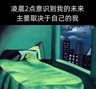 深夜2点，一只青蛙躺在床上，房间内台灯亮着，窗外是城市夜景。青蛙似乎正清醒地思考着，上方文字“凌晨2点意识到我的未来主要取决于自己的我”表达了其在深夜突然意识到未来掌握在自己手中的复杂情绪。画面整体采用绘画风格，绿色调为主，营造出静谧又略带沉重的氛围。