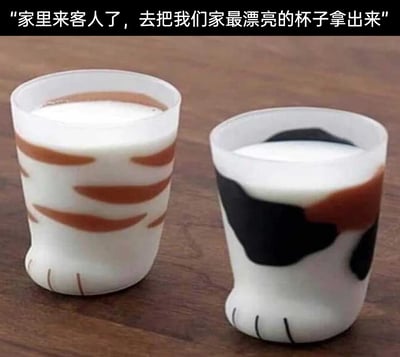 这张图展示了两个猫爪造型的磨砂创意杯子，当杯子中装入白色牛奶后，杯身的斑纹图案和牛奶结合，视觉上酷似猫咪圆滚滚的肚子。搭配图顶部的文字“家里来客人了，去把我们家最漂亮的杯子拿出来”，以幽默的方式凸显出这款杯子的趣味创意，将普通的饮水杯赋予了可爱的猫咪元素，既贴合“最漂亮的杯子”的描述，又充满生活趣味性，让人觉得搞笑又治愈。