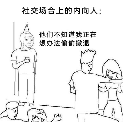 这是一幅黑白线稿风格的网络梗图，标题为“社交场合上的内向人”。画面呈现了一个热闹的聚会场景：右下角与下方的人们正开心地互动玩乐，而左侧靠墙位置的内向者戴着派对帽，手持杯子，表情局促不安，试图降低自己的存在感。配文“他们不知道我正在想办法偷偷撤退”精准戳中了内向人群在热闹社交场合中，渴望逃离却又窘迫的真实心理状态，容易引发同类人群的强烈共鸣。