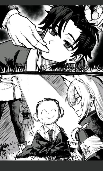 这是一幅黑白分镜漫画，上半部分呈现一位黑发少年被一只手捏住脸颊，神情平静；下半部分则是一个光头小孩带着尴尬的假笑坐在地上，旁边的兽耳白发女生正注视着他，画面左侧还有成年人的下半身，背景搭配草地与模糊的远景人物，整体场景充满微妙的尴尬感，是创作者原创的趣味短漫。