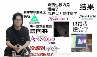 这张图片是二次元文化梗图的典型代表，主角是一名穿黑色T恤的男子（脸部已打码），周围密集插入各种网络名梗、二次元笑点以及生活吐槽名言。例如“Ave Mujica了”、“爆完了”、“也给我爆完了”、“我还以为我还剩下Ave Mujica了”等，核心梗‘Ave Mujica’本身是BanG Dream! Ave Mujica乐队名的谐音梗，和“挂了、没了”自嘲氛围关联，表示网络心态“彻底崩溃”。同时，配有其他如“三角洲行动”、“上海人民广播电台”等元素，表现社群活动和网民身份。

图片整体呈现信息密集、乱中带乐的搞笑氛围，属于多重爆梗和吐槽自嘲流。文字构成的氛围混搭了崩溃、无力、调侃、乐观自黑等流行网络二次元心情。