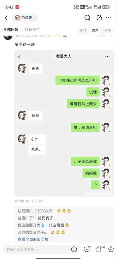 这是一张社交媒体截图，展示了一个搞笑的聊天误会场景。图中"老婆大人"给"爸爸"发消息，要求对方发语音，结果收到的语音回复是"爸爸"，让"老婆大人"误以为是和儿子在聊天，发出"儿子怎么是你"和"妈妈呢"的疑问。整个对话因为称呼的错位产生了幽默效果。