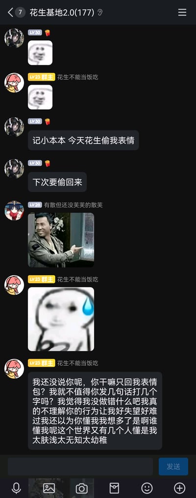 这是一张名为“花生基地2.0(177)”的QQ群聊截图，记录了群内成员的趣味互动日常：首先一位带有薯条标识的LV30成员发送了一张抽象笑脸表情包，LV23群主“花生不能当饭吃”随即发送了相同的表情包，该LV30成员立刻表示要“记小本本”，调侃群主“偷”自己的表情，还放话下次要偷回来；之后LV28成员“有散但还没芙芙的散芙”发送了一张于和伟指门的影视梗表情包；群主紧接着发送了流汗的抽象表情包，随后用一段充满戏精语气的长文字吐槽对方只回表情包不打字，以夸张的措辞表达自己的“失望与难过”，整个互动充满群友间的玩梗趣味，氛围轻松诙谐。