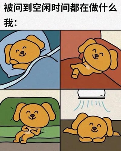 这是一张图文结合的连环梗图，上方配有文字“被问到空闲时间都在做什么 我：”，下方四个分栏展示了同一只黄色卡通小狗的四种躺卧状态：躺在床上盖着被子惬意躺卧、趴在棕色床榻上放松、瘫在绿色沙发上、趴在地面吹着空调躺平。用真实又搞笑的方式调侃当代人空闲时间只想躺着休息，没有额外娱乐活动的日常，精准戳中很多人的生活状态，引发共鸣，没有双关或谐音梗。