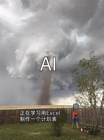 这是一张经过文字改编的梗图，画面背景是天空中形成的巨大龙卷风，被标注为“AI”，象征着来势汹汹、带来行业变革的AI技术浪潮；画面右下角的草坪上，一名男子正在操作割草机，被标注为“我”，下方配有文字“正在学习用Excel制作一个计划表”。整图通过强烈的场景反差，调侃了在AI技术飞速发展、冲击各行各业的当下，部分人依然专注于基础办公技能学习，与时代浪潮形成鲜明对比的状态，充满了自嘲式的幽默。