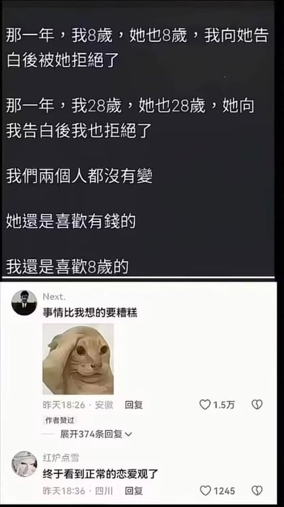 这是一张社交媒体评论截图，整体分为上下两部分：上半部分黑色背景配白色文字讲述了一个反转故事：男主8岁时向同龄女主告白被拒绝，28岁时女主向男主告白又被男主拒绝，男主称两人都没有改变，女主依旧喜欢有钱人，男主依旧喜欢8岁的女孩，结尾出人意料反转出男主恋童的离谱事实；下半部分展示了两条网友评论，第一位用户Next.评论“事情比我想的要糟糕”，搭配了一张捂脸震惊的猫咪表情包，该评论获赞1.5万且被原作者点赞，第二位用户红炉点雪反讽调侃“终于看到正常的恋爱观了”，整个内容是带有恶趣味的反转梗。