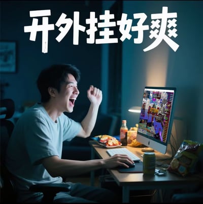 一位男生坐在电脑前，正在深夜房间打着网络游戏，桌上堆放着饮料和薯片，显示出宅家熬夜游戏的真实氛围。画面顶端大字“开外挂好爽”，用一种搞笑自嘲的语气，调侃在网游中通过外挂获胜、但又略带讽刺的情绪。适合用来表达玩家对不劳而获的调侃心理或玩笑式自黑。