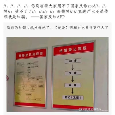这是一张图文混排的梗图，实拍了民政局墙上的两块流程展板：左侧是分支复杂、步骤繁多的《离婚登记流程图》，包含申请、初审、受理、30天冷静期、冷静期届满申请、审查、登记发证等多个环节，还有多种分支情况；右侧是步骤极简的《结婚登记流程》，仅为初审→受理→审查→登记（发证）四个步骤。图上方配文玩梗，借用国家反诈中心APP的“宽进严出不是传销就是诈骗”的提示，调侃结婚容易离婚难的反差，将婚姻调侃成“诈骗”，还有网友评论“胸前的红领巾越发鲜艳了：【就是】两相对比显得更吓人了”，顶部还有玩笑话“你别害得大家用不了国家反诈app!”，整体通过强烈的流程反差，用反诈梗搞笑吐槽婚恋话题，营造出戏谑的氛围。