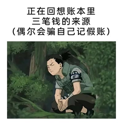 这是一张动漫二次创作的梗图，上方配有吐槽文字“正在回想账本里三笔钱的来源（偶尔会骗自己记假账）”，下方是动画《火影忍者》中的角色奈良鹿丸，他蹲在树林中，脸上带着疲惫、苦恼的神情，身上还有污渍，看起来正费力思索。该图用鹿丸的苦恼状态，精准对应了普通人面对账本中不明开支时，苦苦思索甚至自我欺骗的窘迫心情，生动吐槽了当代人对自身开支不明的无奈与焦虑。