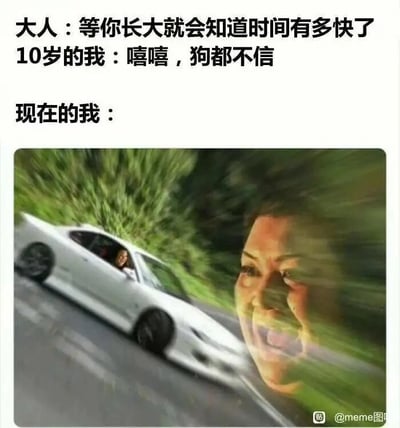 这是一张引发成长共鸣的图文混排梗图，采用三段式对比的结构呈现内容。上方文字部分分为三段：首先是大人对孩子说的“等你长大就会知道时间有多快了”，接着是10岁的“我”满不在意的回应“嘻嘻，狗都不信”，最后以“现在的我：”引出下方的创意图片。下方的图片经过速度模糊处理，画面中一辆白色轿车在道路上飞速行驶，旁边是一个表情惊讶的人脸，同样被速度模糊效果覆盖，视觉上营造出一种被飞速裹挟的感觉，生动且夸张地表现出长大后真切感受到时间飞逝的状态，与小时候的不以为然形成强烈反差，精准戳中许多人成长后对时间流逝的深刻体会，容易在社交平台引发用户的情感共鸣。