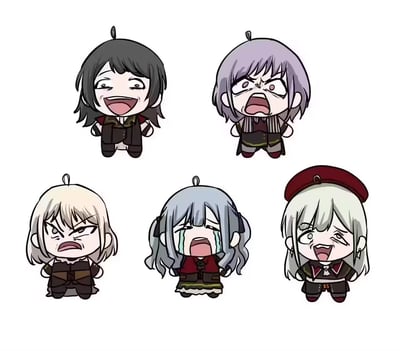 图片中包含五个Q版（chibi）卡通角色，呈两行排列（上排两个，下排三个）。每个角色都有独特的发型和表情：左上角色为黑色长发，咧嘴大笑；右上角色为紫色短发，眉头紧锁、张嘴大喊，表情愤怒；左下角色为金色短发，皱眉瞪眼，面露不悦；中下角色为银灰色双马尾，双眼含泪、嘴巴大张，正在大哭；右下角色为银灰色长发，头戴红色贝雷帽，眯眼大笑。所有角色均穿着深色系服装，整体风格可爱，线条简洁，背景为纯白色。
