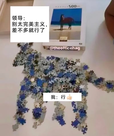 这是一张调侃职场场景的搞笑梗图，通过图文结合的方式制造反差笑点。图中上方文字模拟领导的要求：“别太完美主义，差不多就行了”，下方文字是“我”的回应：“行👍”。画面主体是一款500片的马主题拼图，包装盒上印着海滩上的完整骏马图案，而实际“完成”的拼图只是将碎片粗略堆成马的轮廓，并未将拼图碎片拼接完整，用这种极致夸张的“差不多就行”的执行方式，讽刺职场中对上级指令的极端化落实，精准戳中职场人的共鸣点，充满幽默讽刺的效果。