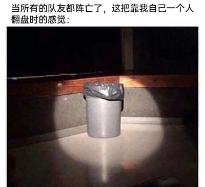 这是一张贴合游戏玩家心境的搞笑表情包，上方配文“当所有的队友都阵亡了，这把靠我自己一个人翻盘时的感觉：”，图中昏暗环境里，一个垃圾桶被一束聚光灯单独照亮，处于视觉中心。这个场景精准类比了多人竞技游戏中队友全部阵亡后，自己成为全场唯一焦点、独自肩负起翻盘重任的时刻，那种孤独又自带高光的感觉，让玩家能强烈共鸣，用日常物品的搞笑场景诠释游戏里的carry瞬间。