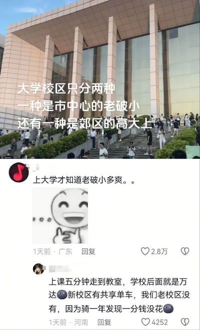 图片上方展示一栋现代化大学校园建筑，配文将大学校区分为两类：市中心的“老破小”与郊区的“高大上”。下方拼接两条社交媒体评论，用户分享老校区优势：上课步行五分钟即达，周边紧邻万达商圈；调侃新校区虽有共享单车，老校区因步行便捷无需使用，引发共鸣。