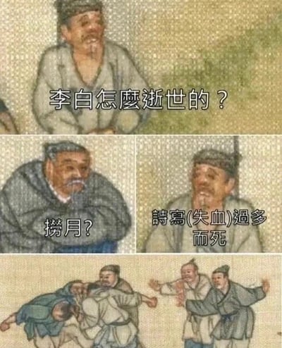 这是一张四格连环图，采用中国传统绘画风格描绘古代人物场景。第一格中一位身着古装的老者旁配有文字“李白怎么逝世的？”，引出问题；第二格左侧人物面露疑惑，配文“捞月？”，似乎在猜测传说中的“捞月而亡”说法；右侧人物则笑着回答“诗写(失血)过多而死”，巧妙利用“诗写”（写诗）与“失血”（失去血液）的谐音制造幽默效果；第四格展示多位古代人物互动的场景，有的俯身有的伸手，似在对这一搞笑回答做出夸张反应。
