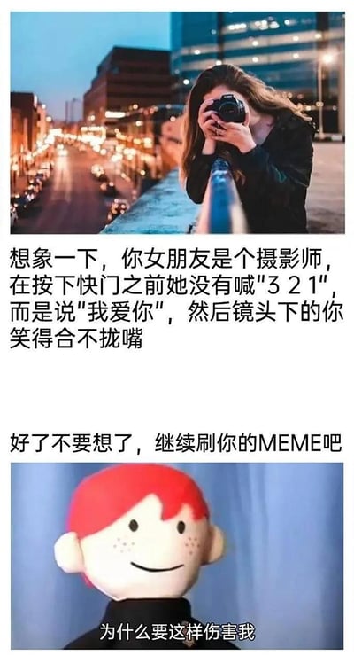 图片分为上下两部分，上半部分为一名女子在城市夜景中拍照的场景，配文描述了'女朋友是摄影师，按下快门前提及我爱你'的浪漫想象；下半部分为一个红色头发的微笑玩偶，配文'为什么要这样伤害我'。通过先构建甜蜜场景再用现实反差制造幽默效果，调侃单身人士的处境。