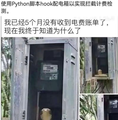 这是一张结合程序员行业黑话玩梗的搞笑图文，上方先一本正经给出看似技术向的描述“使用Python脚本hook配电箱以实现拦截计费检测”，随后又给出反差感极强的吐槽内容“我已经5个月没有收到电费账单了，现在我终于知道为什么了”，下方配的多张实拍图展示了户外的配电箱，内部有一只禽类蹲在电表下方，刚好遮挡了电表的相关部件，玩了程序员术语“hook（钩子程序，用于拦截系统运行流程）”的错位梗，将虚拟的技术操作和现实里动物挡住电表导致无法正常计费的巧合场景结合，营造出荒诞的幽默感。