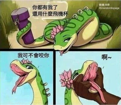 这是一张由三格画面组成的剧场式连环卡通梗图，整体为原创手绘的卡通图像，带有成人向暗示的搞笑内容。第一格画面中，一条头部带有粉色花朵装饰的绿色拟人蛇，身体缠绕着一个紫色的飞机杯，用妩媚的神态说出“你都有我了 还用什么飞机杯”，暗示自身可以替代飞机杯的功能；第二格画面里，这条蛇抬头张开嘴巴，语气轻松地说“我可不会咬你”；第三格画面中，一只人手捏住蛇的嘴部，蛇发出“啊~”的声音，结合蛇的嘴部形态和舌头的呈现方式，形成与前文反差的成人向搞笑效果，通过拟人和双关的创作手法，制造低俗趣味的笑点。
