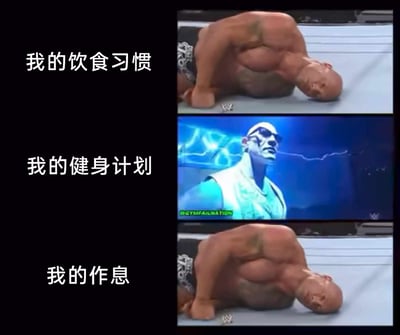这是一张采用三格竖排图文混排形式的自嘲梗图，左侧依次标注“我的饮食习惯”“我的健身计划”“我的作息”，右侧对应匹配的图像：“我的饮食习惯”和“我的作息”对应的是WWE摔跤擂台上倒地、状态虚弱的壮汉，直观表现出不健康饮食与混乱作息带来的疲惫、糟糕的现实状态；而“我的健身计划”对应的是戴着墨镜、背景伴随电光特效的酷炫WWE角色，代表人们对于拥有健康、充满力量的身体的理想憧憬。通过这种强烈的视觉反差，幽默又扎心地讽刺了当代部分人群“只有健身的美好空想，却无法落实到日常饮食与作息管理”的普遍现状，精准戳中很多人的生活痛点，引发共鸣。