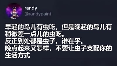 这是一张社交媒体截图，展示了用户randy (@randypaint) 的一条帖子。帖子内容幽默地改编了俗语"早起的鸟儿有虫吃"，提出了"晚起的鸟儿有稍微差一点儿的虫吃"的观点，并进一步阐述"反正到处都是虫子。谁在乎。晚点起来又怎样，不要让虫子支配你的生活方式"的轻松生活态度。