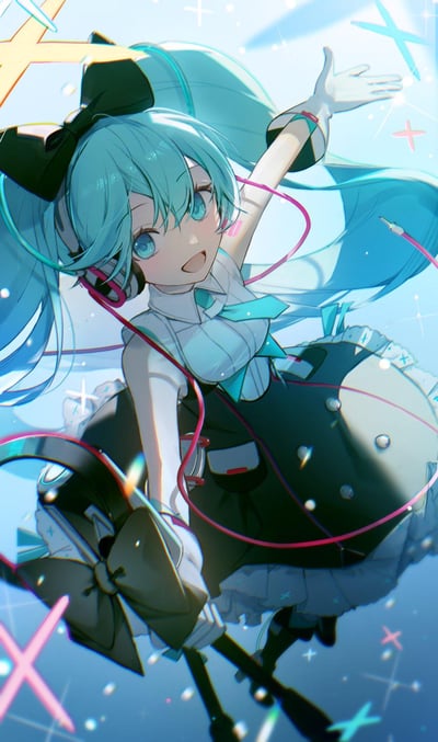 这是一幅绘制精美的初音未来同人插画，画面中的虚拟歌手初音未来有着标志性的薄荷蓝双马尾，发间系着黑色大蝴蝶结，头戴耳机，粉色耳机线自然垂落。她眉眼弯弯，笑容灿烂明亮，一只手臂高高扬起，姿态充满活力与动感。背景是清新的淡蓝色调，点缀着闪亮的星型特效与光斑，整体氛围轻快治愈，仿佛她正随着音乐尽情舞动，传递出满满的元气。