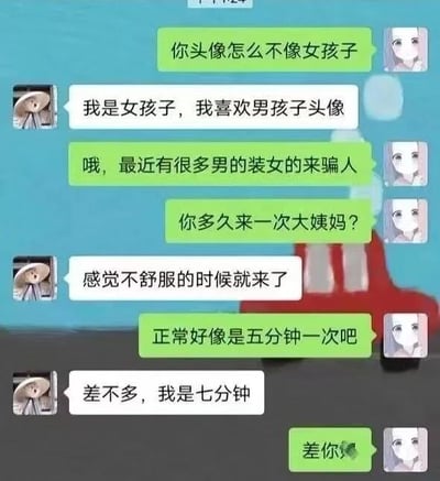 这是一张聊天记录截图，展示了一段搞笑对话。绿气泡用户首先质疑白气泡用户的头像不像女孩子，白气泡用户回应自己是女孩但喜欢男孩头像。绿气泡用户提到最近很多男性装女性骗人，并询问对方多久来一次大姨妈。白气泡用户回答“感觉不舒服的时候就来了”，绿气泡用户调侃“正常好像是五分钟一次吧”，白气泡用户则接话“差不多，我是七分钟”，最后绿气泡用户以“差你”结束。对话通过夸张的“五分钟一次大姨妈”制造笑点，讽刺了网络上质疑他人性别及用生理问题作为“验证”的荒谬行为。