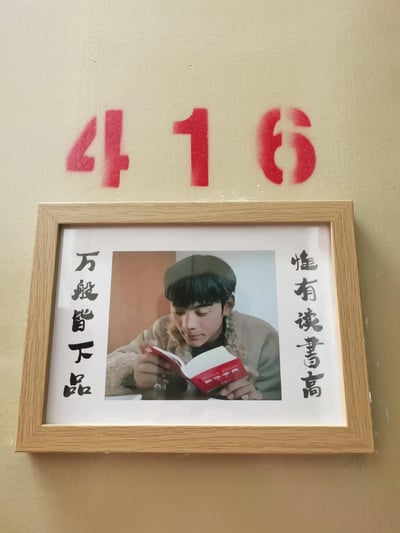 这是416房间门口的趣味装饰，墙面喷有红色的数字编号“416”，下方悬挂着一幅木框装饰画。画中是真实人物丁真戴着帽子低头阅读《新华字典》的照片，照片两侧配有传统劝学对联“万般皆下品，惟有读书高”，用经典劝学文案搭配丁真的读书画面，形成反差感十足的玩梗效果，作为房间装饰充满网感。