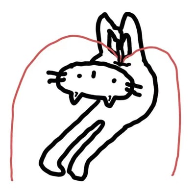 这是一张简洁的黑白简笔画，描绘了一只卡通兔子。兔子有着长长的耳朵、圆圆的头部，脸上有两个小黑点作为眼睛和几根短线作为胡须，身体和四肢用流畅的黑色线条勾勒而成。兔子的周围环绕着一条不规则的红色曲线，整体画面风格稚拙可爱，背景为纯白色，没有其他多余元素。