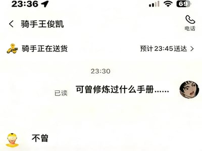 这是一张恶搞外卖配送界面的截图，将著名艺人王俊凯的名字设置为外卖骑手，制造出明星送外卖的幽默效果。界面显示骑手正在送货，预计23:45送达。下方对话中顾客问"可曾修炼过什么手册......"，骑手回复"不曾"，带有武侠小说的调侃意味。