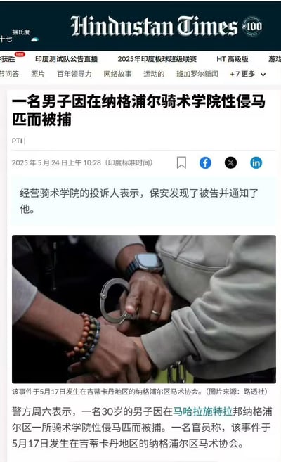这是一张印度《斯坦时报》(Hindustan Times)网站的新闻截图，报道了2025年5月24日一则关于一名30岁男子在马哈拉施特拉邦纳格浦尔区骑术学院性侵马匹而被捕的新闻。截图包含完整的新闻标题、发布时间、来源标识(PTI)以及部分正文内容，配图显示有人正在被戴上手铐的手部特写。