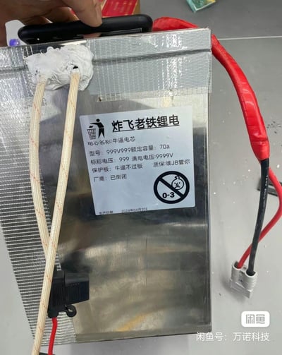 这是一张拍摄的金属外壳锂电池照片，电池表面贴满了恶搞性质的标签，内容全是夸张离谱的虚假参数：电芯名称为“牛逼电芯”，型号999V999、额定容量70a，标称电压999V、满电电压更是夸张的9999V，保护板标注“牛逼不过板”，质保写着“谁JB管你”，厂商标注“已倒闭”，生产日期为2024年04月201（疑似笔误），还配有一个禁止0-3岁接触的搞笑标志。电池的出线和外观也显得比较粗糙，右下角带有闲鱼平台的水印，整体是用户自制的整活恶搞内容，充满戏谑搞笑的氛围，没有双关或谐音梗，纯靠离谱的虚假信息制造笑点。