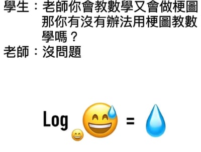 这是一张图文混排的网络趣味梗图，整体分为上下两部分。上方是一段师生对话：学生提出“老师你会教数学又会做梗图，那你有没有办法用梗图教数学吗？”的请求，老师回应“没问题”。下方是核心的梗图内容：用数学对数符号“Log”搭配emoji表情，以小笑脸😆为底数，带汗珠的大笑脸😅为真数，运算结果是水滴💧。这个梗利用了中文谐音，将“Log（对数）”谐音为“滤/落”，把对数运算的逻辑具象化为“过滤掉大脸的笑脸部分，只留下汗珠（水滴）”，用冷笑话的方式把抽象的数学运算转化为直观的emoji元素拆解，以此调侃数学学习的枯燥，让知识变得诙谐有趣。