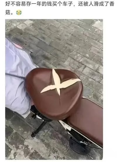 这是一张静态单图，属于原始拍摄的生活实拍图。画面展示了一辆停放在砖石路面上的电动车，其棕色的座椅被人划了四道交叉的口子，露出内部浅色的材质，整体形状类似香菇的菌盖。图片上方配有文字：“好不容易存一年的钱买个车子，还被人滑成了香菇。😢”，其中运用了谐音梗，“滑”是“划”的谐音，“香菇”谐音“想哭”，生动表达了车主攒钱购置的电动车被恶意损坏后，难过、委屈又无奈的情绪。