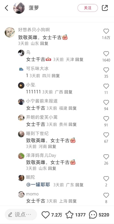 这是一张竖屏的短视频平台评论区截图，顶部显示博主账号为“菠萝”，下方是来自山东、天津、四川等多地用户的评论，多数评论内容为“女士千古”“致敬英雌”，表达对某位女士的悼念与敬意，同时也存在无意义字符、打招呼类的评论，每条评论右侧标注了点赞数，底部显示该作品总获赞7.2万、收藏1377条、评论5220条，整体氛围肃穆，是网友集体表达追思的场景，无谐音梗或双关内容。