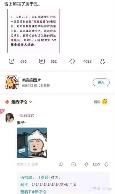 这是一张社交媒体截图内容，顶部是一则离谱的诈骗新闻：配文“雪上加霜了属于是”，新闻内容为12月28日江口街道望江社区一居民接到自称淘宝客服的退款诈骗电话，未核实就点击链接，结果银行卡内仅有的0.69元全部被转走。下方是该内容的评论区，最热评论是用户“一级肾虚女”发布的，搭配了《喜羊羊与灰太狼》里懒羊羊生无可恋的表情包，并标注“骗子:”，用来调侃骗子辛苦实施诈骗却只骗到0.69元的无奈；还有用户回复对应“对面（被骗居民）”的内容，其他网友评论“哈哈哈哈哈哈笑死了我”，整体是网友用玩梗的方式调侃这起金额极小、充满荒诞感的诈骗事件，营造出搞笑的氛围。