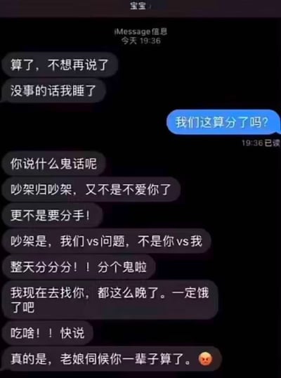 一张iMessage聊天记录截图，展示了情侣吵架后的经典和解场景。一方在争吵后说“算了，不想再说了”并表示要睡觉，另一方紧张追问“我们这算分了吗？”，随后对方用一连串霸气又温柔的话语安抚：“吵架归吵架，又不是不爱你了”“吵架是我们vs问题，不是你vs我”，最后甚至要深夜去找对方并关心其是否饥饿，以“老娘伺候你一辈子算了”的反差萌结尾，充满生活气息和爱意。