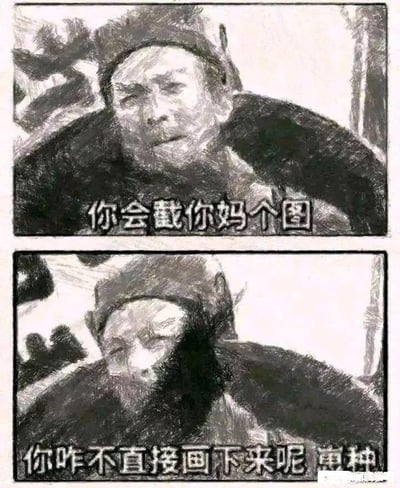 这是一张手绘风格的柴犬吵架梗图，两格漫画格式，配以极具攻击性和吐槽属性的台词，讽刺某些人只会转载图片、不肯自己动手创作。表述带有明显东北方言色彩和粗口成分，属于网络上常见的“畜牲体”吐槽梗。整体气质夸张滑稽，常见于网络调侃和群聊怼人。双关点在于用粗口和画狗结合，带有一定强烈嘲讽色彩。
