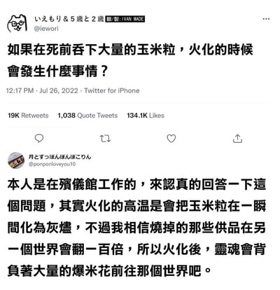 这是一张X（原Twitter）平台的社交媒体截图，上方是用户iewori在2022年7月26日发布的脑洞提问：如果死前吞下大量的玉米粒，火化的时候会发生什么事情？该帖收获了大量转发和点赞。下方是另一位自称在殡仪馆工作的用户ponponloveyou10的回复，他首先从专业角度说明火化的高温会瞬间将玉米粒化为灰烬，随后给出了充满浪漫色彩的想象：认为烧掉的供品在另一个世界会翻一百倍，所以逝者的灵魂会背负着大量的爆米花前往另一个世界，整体内容既符合科学常识又充满温情的脑洞感，十分有趣。