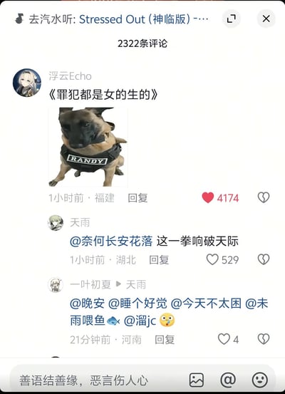 这是一张社交媒体评论区的截图，显示了用户对歌曲《Stressed Out (神临版)》的评论。最上方是用户"浮云Echo"发布的评论《罪犯都是女的生的》，并配有一张戴着标有"RANDY"字样背心的狗的图片。该评论获得了4174个点赞。下方有用户"天雨"回复"@奈何长安花落 这一拳响破天际"，获得529个点赞，以及用户"一叶初夏"的回复，@了多位用户并配有鱼和惊讶表情符号。整个评论区共有2322条评论。