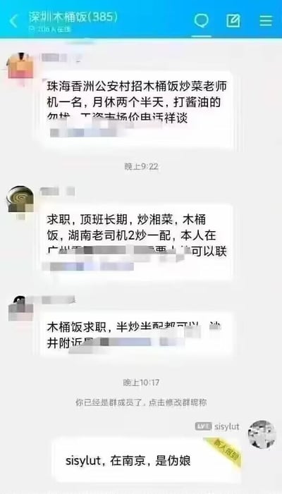 这是一张QQ群聊天截图，所属群名称为“深圳木桶饭(385)”，属于餐饮行业从业者交流群，群内此前的对话均是木桶饭相关的招聘、求职内容，涉及招聘炒菜师傅、求职者说明自身湘菜、木桶饭制作经验寻找工作等行业相关信息，之后昵称为sisylut的新人入群后，没有发布和行业相关的内容，反而发了一句“sisylut，在南京，是伪娘”的自我介绍，和群内原本的餐饮行业交流氛围形成极强的反差，内容荒诞有笑点。