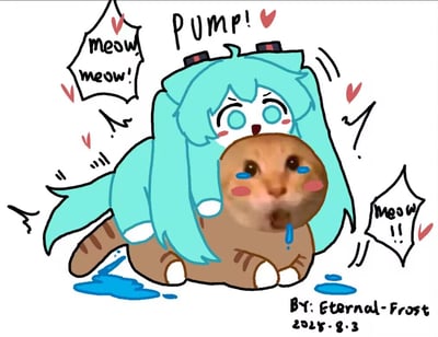 这张图是初音未来（Miku）与“哭哭猫”表情包的融合梗图。画面中Q版初音未来趴在地上，身体是猫的形状，脸被换成了常见的“哭哭猫”表情包的真实猫脸，猫脸流着蓝色的大泪珠，表情极为委屈搞笑。Miku身上有蓝色头发、标志性发饰，四周有心形和“meow meow”拟声词。背景简洁且有手绘涂鸦风格，加重了可爱和戏谑感。整体画面颇有二次元与表情包精神的混搭趣味，展现出网络亚文化的创造力。

**图中有明显的二次创作和拼贴特征，是对经典角色与表情包梗的再创作。**
**有轻微的拟声双关：‘喵’与‘Miku’发音相近，且用猫和初音的结合体现。**