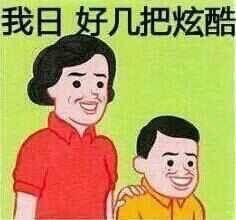 图片背景为绿色，上方有白色文字“我日 好几把炫酷”。画面中有两个人物，左侧是一位穿着红色上衣的女性，右侧是一位穿着橙色上衣的儿童，女性右手搭在儿童的肩膀上，两人均面带微笑，表情温和。整体风格类似经过编辑的旧插图或宣传画，文字内容口语化，带有调侃或夸张的语气。