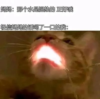 图片上方是妈妈的话：'那个水是温热的 正好哦'，下方配图是一只猫张大嘴巴，口腔内发出刺眼红光，表情痛苦又震惊，配文'轻信妈妈的话喝了一口的我：'，用夸张的猫表情幽默表现出妈妈认为的温水实际可能很烫，自己轻信后被烫到的搞笑场景。