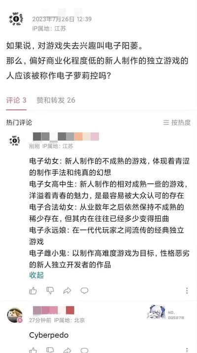 这是一张微博平台的用户内容截图，博主以趣味类比的方式抛出话题：将对游戏失去兴趣称作「电子阳萎」，进而提问偏好新人制作的低商业化独立游戏的群体是否该被叫做「电子萝莉控」。热门评论区中，有用户延伸出一系列脑洞大开的分类，把不同阶段、风格的独立游戏用对应女性身份的梗来命名，比如将新人制作的不成熟游戏称为「电子幼女」，相对成熟的新人游戏称为「电子女高中生」等，还有另一评论用英文「Cyberpedo」玩谐音梗。整体是游戏圈玩家通过玩梗调侃不同的游戏偏好与独立游戏作品风格，充满趣味性与脑洞。