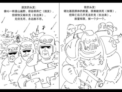 这是一张手绘线稿风格的左右对比梗图，以桌游《战锤40K》的经典兵种设定为类比，调侃现实中的脱发问题。左侧画面呈现大量帝国卫队（IG）士兵，他们表情严肃紧绷，持枪冲锋在密集的士兵群体中，对应文字将朋友的头发类比为帝国卫队：数量漫山遍野，容易脱落但能快速再生，无穷无尽；右侧画面是少量重型星际战士，神色凝重地持枪伫立，对应文字将自己的头发类比为基因原体：数量稀少，不易脱落但一旦掉落几乎无法再生，掉一个少一个。画面通过战锤40K中两种兵力“数量多易补充”和“数量少难补充”的核心设定，精准对比出自己与朋友在脱发、头发生长能力上的差异，用硬核IP设定结合生活化的脱发痛点，制造出反差趣味。