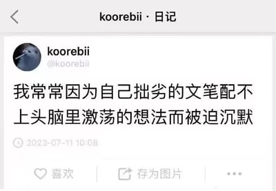 社交媒体帖子截图，显示用户koorebii的日记内容。帖子文字为：“我常常因为自己拙劣的文笔配不上头脑里激荡的想法而被迫沉默”，发布时间为2023年7月11日10:08。界面包含用户头像（鸟类图片）、用户名“koorebii”及账号“@koorebii”，顶部有“日记”标识，底部有“喜欢”和“存为图片”按钮。