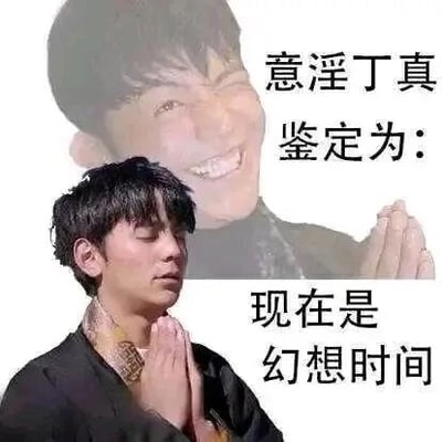 这是一张由网友P图改编的图文混排梗图，采用上下对比的构图形式。画面上方是经过修改的丁真夸张大笑的图像，右侧配文“意淫丁真 鉴定为：”；下方是丁真双手合十、闭眼的真实照片，右侧配文“现在是 幻想时间”。通过人物形象的反差和文字的搭配，以玩梗的方式进行调侃，属于网络上针对公众人物丁真的二次创作内容，风格搞笑戏谑。